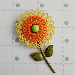 Vtg Enamel Flower Brooch Pin Yellow Green Orange